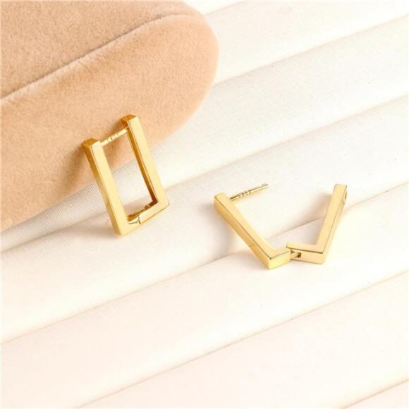 14K Gold Small Square Hoop Earrings – Minimalist Rectangle Huggie Hoops - Picture 3 of 5